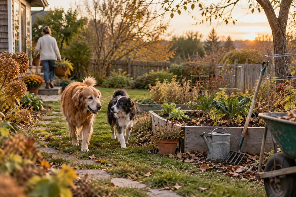 Two dogs walking through a backyard garden being prepared for winter in warm autumn light.